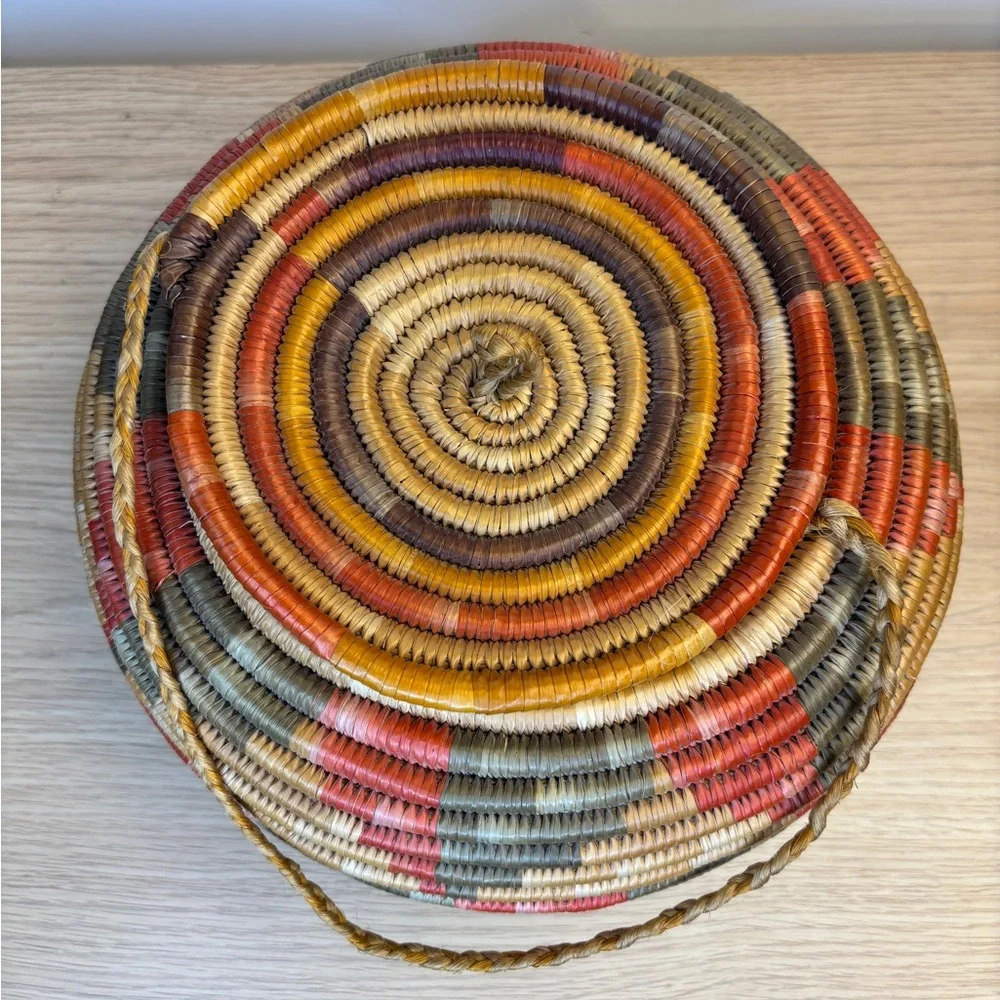 Vintage Handwoven‎ Coil Multicolor Basket with Lid